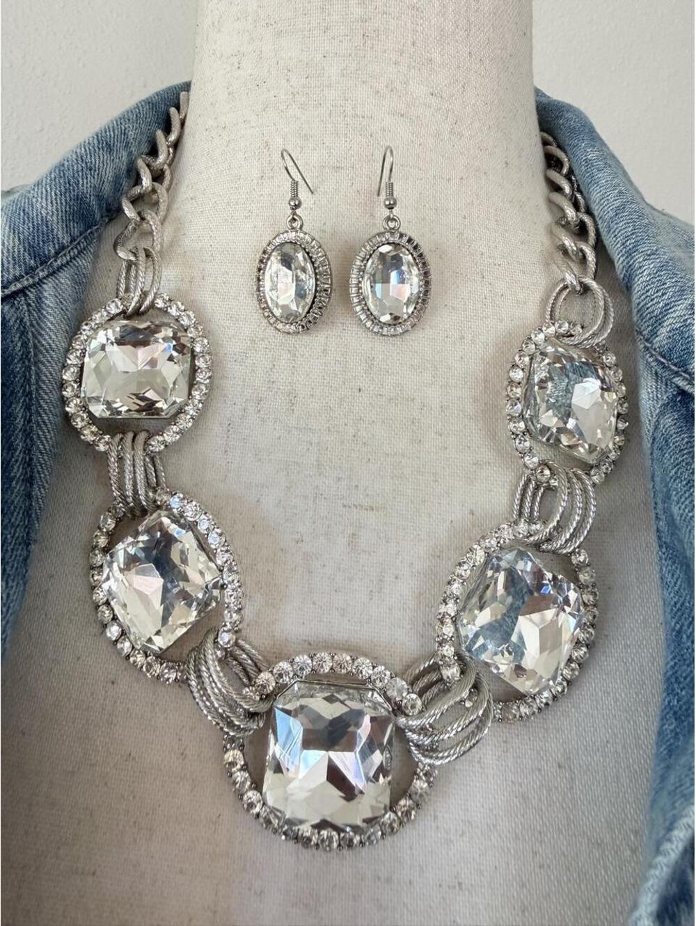 Vintage Rhinestone Statement Necklace & Earrings Set | Y2K Glam